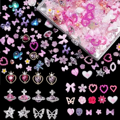 3D Pink Color Assorted Alloy Nail Charms Planet Heart Butterfly Star Metal Nail Charms Pink Color Heart Flower Butterfly Bows 3D Nail Pearls Charms for Manicure DIY Crafts Jewelry Accessories