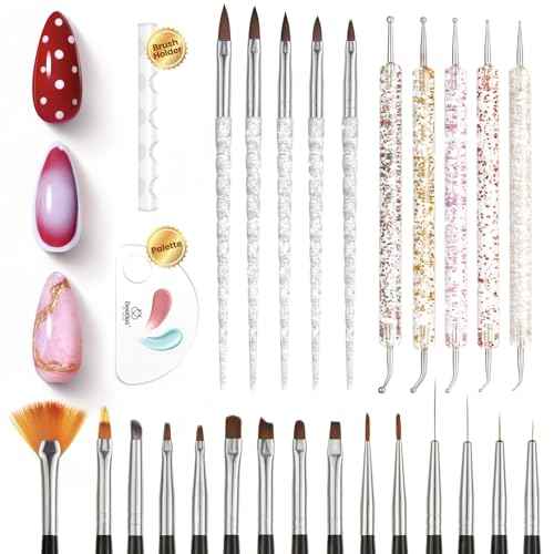 Beetles Nail Art Brushes 25pcs - Confetti Nail Art Pens Daul Ended Dotting Tools Striping Liner Brushes for Nails 3D Flower Sculpting Tools with Palette Brush Holder DIY Home Salon Manicure Design Set