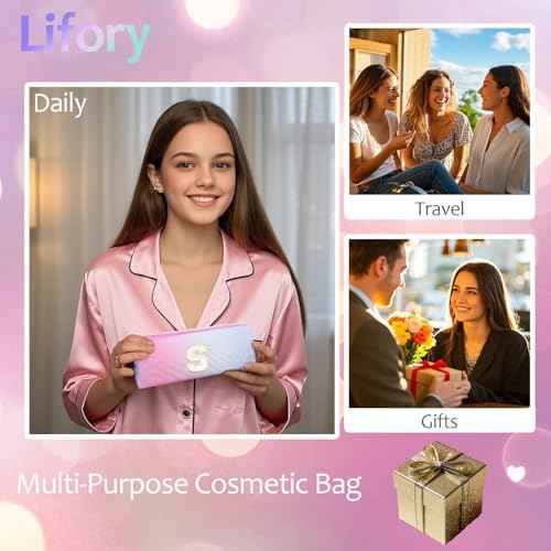 2-Pack Quilted Makeup Bag Set ? Cute Cosmetic Pouch for Travel, Toiletries, Purse & Organizer ? Large Small Zipper Makeup Bags, Personalized Initial Gift for Women, Teens, Girls, Purple C