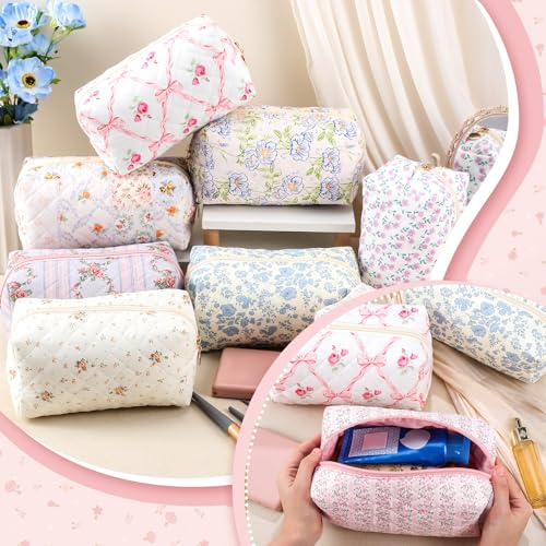 Qinyoung 12 Packs Quilted Makeup Bag Flower Theme Toiletry Cosmetic Bag Aesthetic Makeup Pouch Floral Emergency Kit Pouch for Traveling