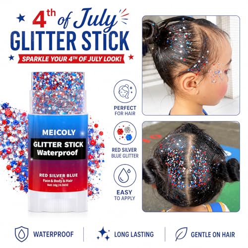 4th of July Red White Blue Glitter Stick with Stars