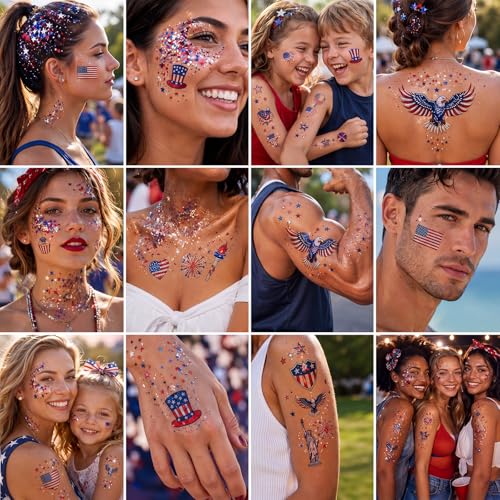 100 Patriotic Temporary Tattoos + Glitter Gel Stick Kit