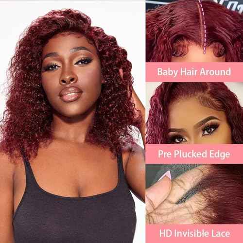 99J Burgundy Lace Front Wigs Human Hair Burgundy Curly Bob Wigs Human Hair 13x4 Lace Front Wigs Short Curly Bob Wigs Deep Curly Wigs for Black Women 12 Inch