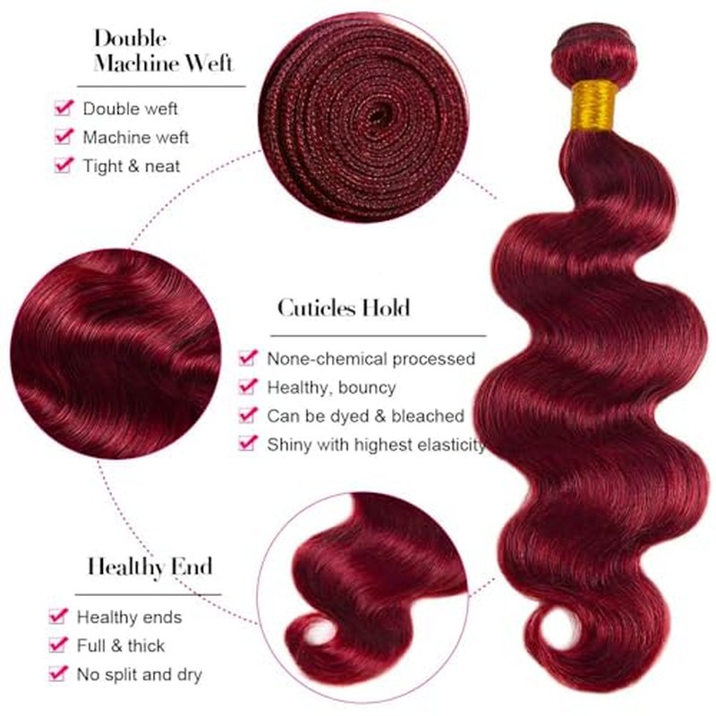99J Burgundy Body Wave Human Hair Bundles 24 26 28 Inch
