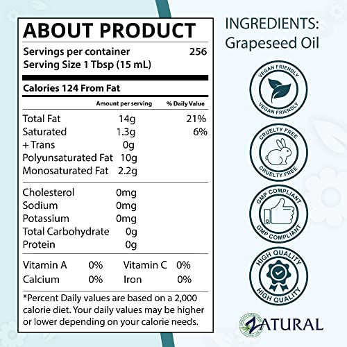 Zatural Grapeseed Oil Naturally Grown 100% Pure Cold Pressed Virgin High Tempurature Cooking Oil 128oz (1 Gallon)