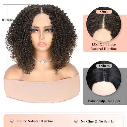 WIGER Short Bob Lace Front Wigs Middle Part Wigs Pre Plucked Curly 13x4x1 T Lace Part Wigs Ombre Brown Afro Kinky Curly Wigs Synthetic Curly Wig for African American women
