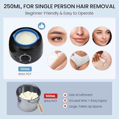 Waxing Kit for Women, Hard Hot Wax Kit for Hair Removal, At Home Waxing Kit for Bikini & Underarms & More, Sensitive Skin, Precise Temp Control, 250ml Compact Single Person Use