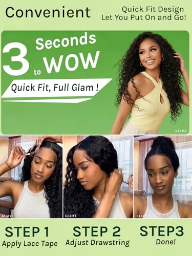 KLAIYI Water Wave 18in 13x4 Lace Frontal Glueless Wig with Baby Hair, 100% Human Hair, Pre Plucked, 30S Ready to Wear