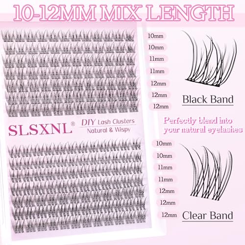 Natural Lash Clusters Wispy Clear & Black Band Cluster Eyelash Extensions 10-12MM Short Natural Look C Curl Thin Band False Eyelashes
