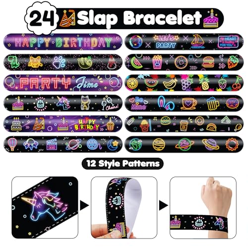 Cherisnowy 72 PCS Neon Party Favors Set - 48 Tattoos & 24 Slap Bracelets