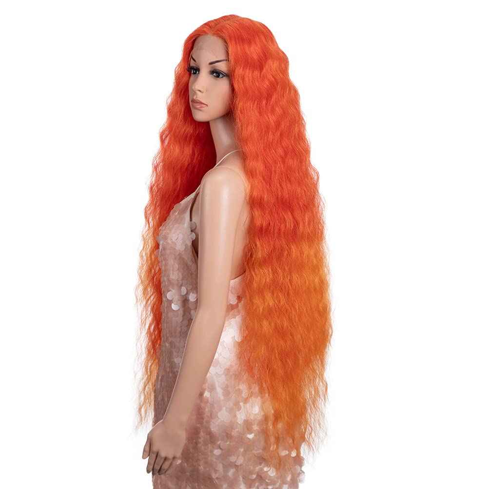 Style Icon 41" Lace Front Wigs Long Wavy Synthetic Wigs with Baby Hair Ombre Orange Bohemian Style Middle Part Half Hand Tied 130% Density Wigs (41", T-RED/ORANGE)