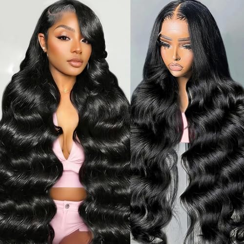 Black 30 Inch Body Wave Human Hair Wigs 13x6 Lace Front 180% Density