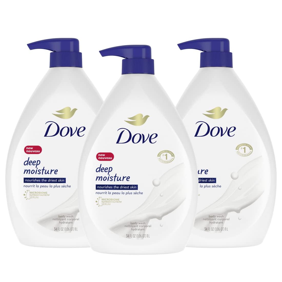 Dove Body Wash with Pump with Skin Natural Nourishers for Instantly Soft Skin and Lasting Nourishment Deep Moisture Cleanser That Effectively Washes Away Bacteria While Nourishing Your Skin 34 oz 3 Count