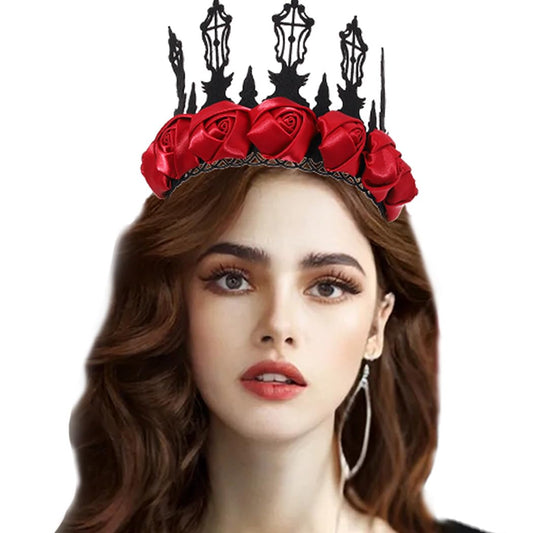 Coridy Red Gothic Floral Headpiece Queen Crown Hair Bands Baroque Halloween Party Headbands Vintage Rose Flower Hairbands for Ball Party Black Lace Hair Accessories for Masquerad (Vintage Rose Flower)