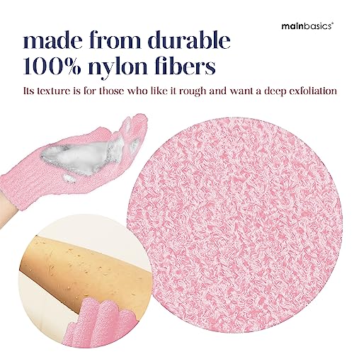 MainBasics Deep Exfoliating Bath Gloves - Heavy-Textured Body Scrub (Pink)