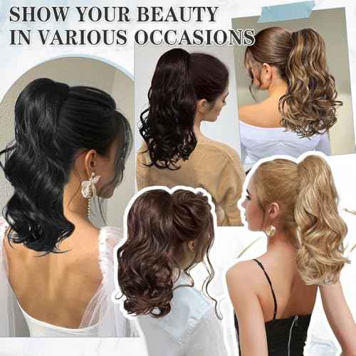 Drawstring Ponytail Extension 16 Inches Wavy Curly Ponytail Hair Extensions Synthetic Drawstring Pony Tails Hair Extensions for Daily Use(Mixed Brown)