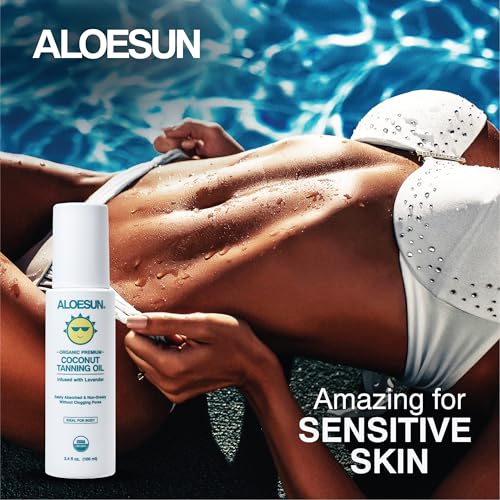 ALOESUN Organic Coconut Tanning Oil Spray Infused with Organic Lavender Oil | Natural Deep Tanning Accelerator | Moisturizing & Hydrating Tan | Non-Greasy | Vegan & Cruelty-Free | Travel Size 3.4 Oz | Organic, Coconut, Non-Greasy, Vegan, Cruelty-Free