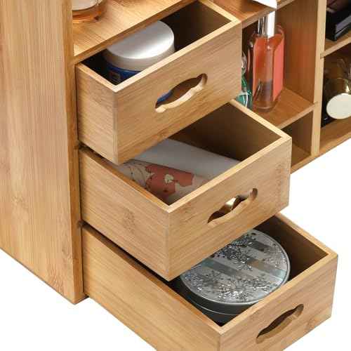 Coloch Bamboo Makeup Cosmetics Organizer with Drawers, Multifunctional Dresser Top Makeup Storage Tabletop Organizer Shelf for Desktop, Skincare, Beauty Supplies, Cosmetics Display, Stationery Storage