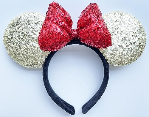 A Miaow 3D Black Mouse Sequin Ears Headband MM Glitter Butterfly Hair Clasp Park Supply Adults Women Photo Accessory (Golden and Red)