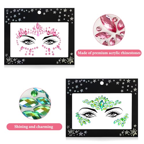 Face Jewels Stick On Rhinestones - 12 Festival Gem Sets
