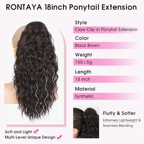 RONTAYA 18" Claw Clip Ponytail Extension - Black Brown Wavy