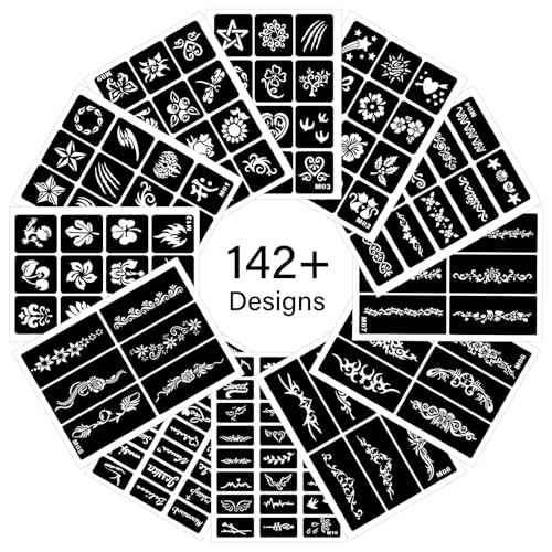 12 Temporary Tattoo Stencils,142 PCS Henna Stencils Reusable Tattoo Stencils for Face Body Art Painting for Women Men Adults Kids