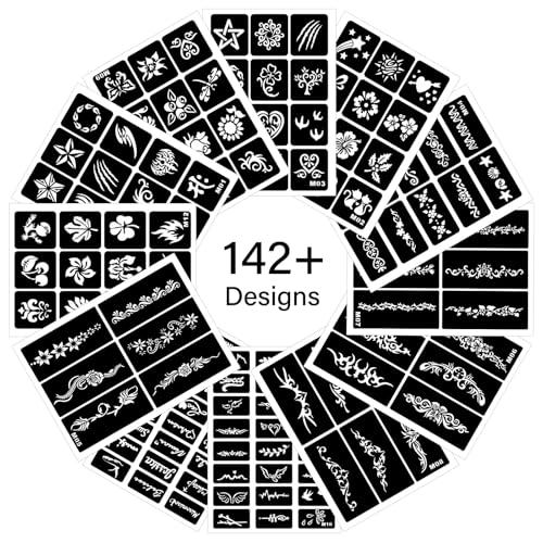 12 Reusable Henna Tattoo Stencils, 142 Designs