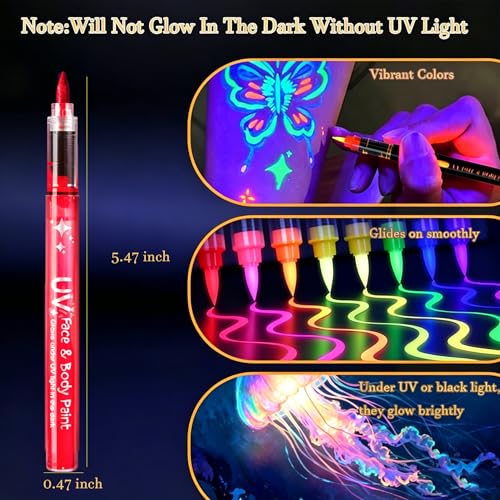 Glow in the Dark Face Paint Markers - 12 Neon UV Body Art Pens