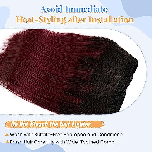1B99J Sew in Hair Extensions Real Human Hair Wine Red Bundles Burgundy with Dark Roots Hand Tied Weft Hair 100g 16Inch Double Weft Silky Straight Ombre Sew in Hair Bundles for Women