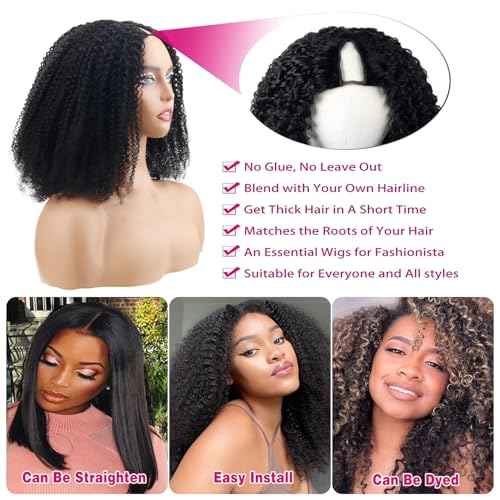 Afro Kinky Curly Human Hair Wigs Upgrade V Part Wigs With Drawstring,200% Density Wear And Go Glueless Wig Human Hair Full Head Clip Ins Half Wig(26 Inch,Natural Color)