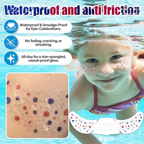 Red White Blue Glitter Freckles Tattoo - 4th of July, 6 Pack
