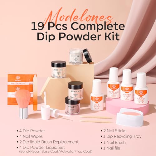 Modelones Dip Powder Nail Starter Kit, 4 Nude Colors 19 Pcs Manicure Set