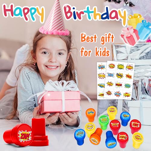 Superhero Party Favors Set - 24 Tattoos & 12 Stamps