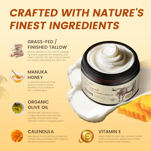 Beef Tallow for Skin 2oz, Whipped Beef Tallow and Manuka Honey Balm, Beef Tallow for Face and Body, Unscented Skin Care for Dry and Sensitive Skin, Natural Tallow Balm for Hydration and Nourishment
