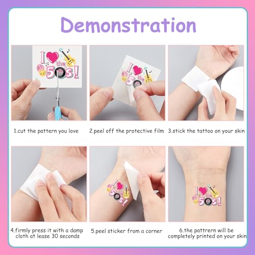 Serencatcher 144pcs 50's Theme Decorations Sock Hop Tattoos, 1950s Shake Rattle Rock and Roll Temporary Tattoos Stickers for Retro Props 50s Sock Hop Party Favors Theme Adult Birthday Party