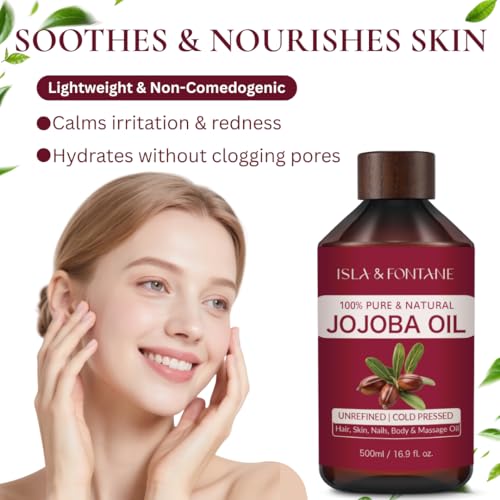 ISLA & FONTANE Jojoba Oil ? 500ml (17 fl oz) | 100% Pure & Natural | Golden, Unrefined, Cold Pressed | Hexane-Free Carrier Oil for Skin, Hair, Face, Nails & Body Moisturizing