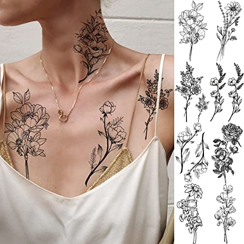 19 Sheets Black Flower Temporary Tattoos for Women