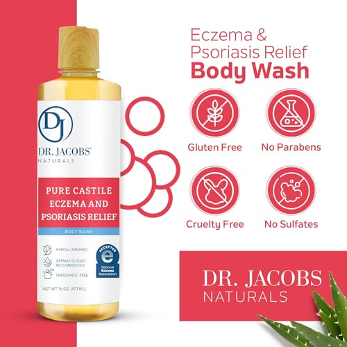 Dr. Jacobs Naturals Hypoallergenic Castile Soap, Dermatologist Tested Unscented Soap for Eczema & Psoriasis Relief - Sensitive Skin Body Wash, Vegan & Gluten-Free Formula for All-Day Hydration -16oz