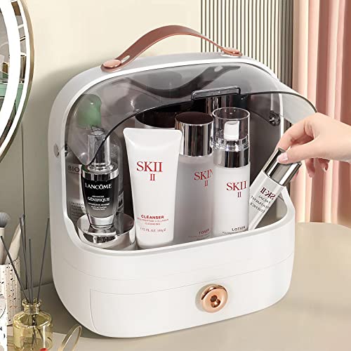 MASSY Egg Shape(Oval) Makeup Storage Box, Countertop Portable Vanity Cosmetics Organizer Preppy Style (Jasmin White)