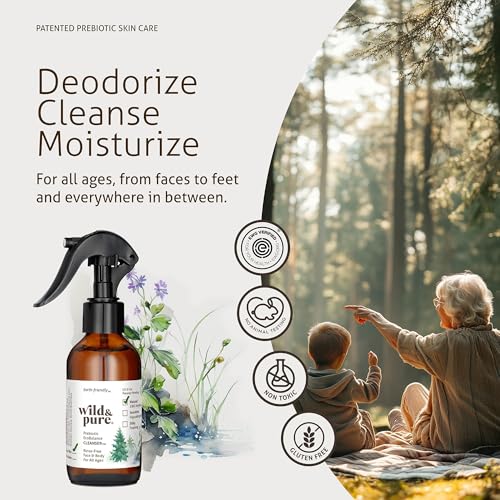 Wild & Pure EWG Verified All-Natural Spray Body Wash (8oz) | pH Balanced, Microbiome-Friendly & Plant-Based | No-Rinse Cleanser, Deodorizer, Moisturizer For Face, Hands, Body | Refillable Skincare