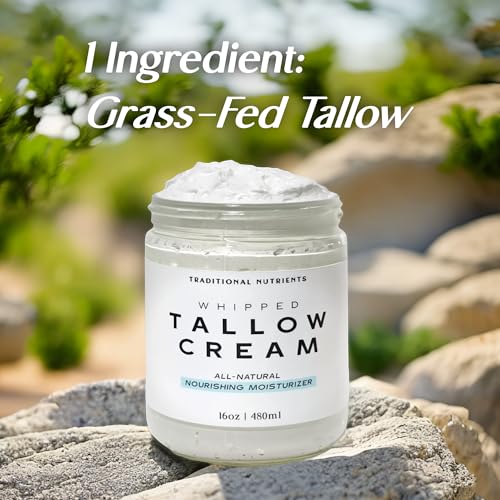 Whipped Tallow Skin Cream GRASS FED + Plain, No Additives, Tallow Face Cream, Tallow Lotion, Glass Jar, Tallow Balm, Beef Tallow Moisturizer (16 oz.)