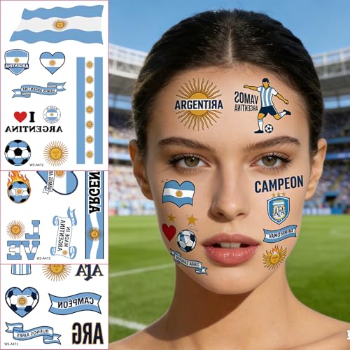 Rdntbeu Argentina Temporary Tattoos Style-15 - Argentine Flag & Sun of May Face Stickers for 2026 World Cup & Parties