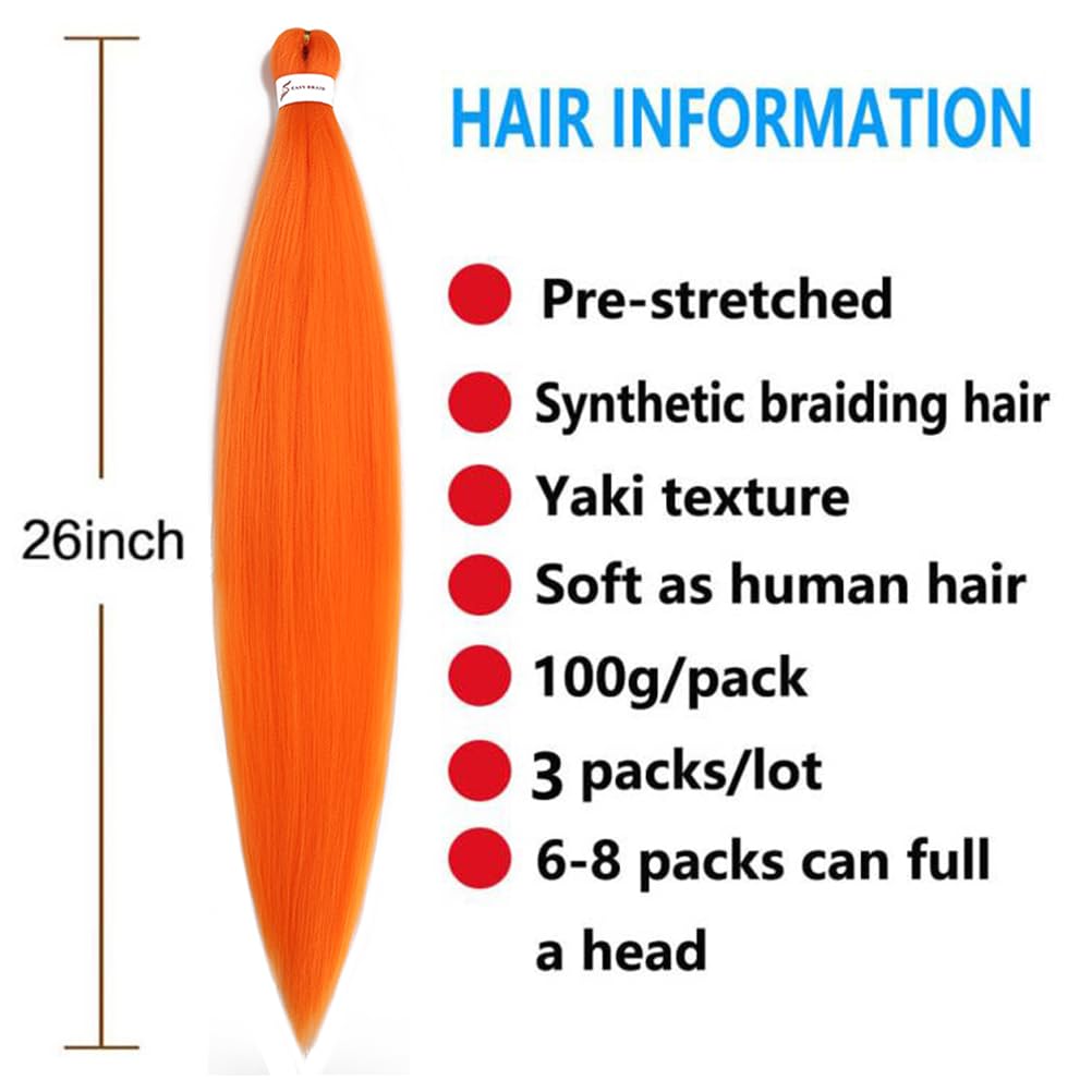 Xiaofeng 3 Packs/Lot Pre Stretched Braiding Hair Extensions for Women Crochet Braids Hair Orange 26 Inch Hot Water Setting Synthetic Fiber Braiding Hair Extensions for Girls100g/Pack