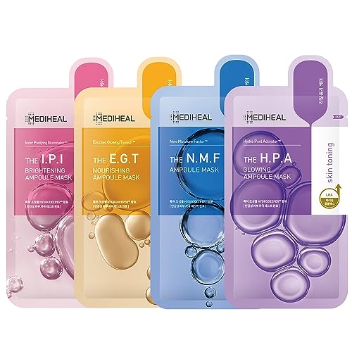 Mediheal Korean Ampoule Combo Mask Sheet Pack of 8 - E.G.T, I.P.I, N.M.F, H.P.A - Value Variety Pack - Hydrating Daily Skincare Sheet Face Sheet Mask - Korean Skincare