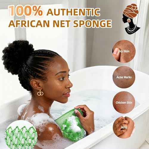 2 Pack Authentic African Net Sponge with Handles, AivaToba Mesh Body Scrubber, Exfoliating Wash Cloths for Body Scrubber, Back Scrub Exfoliating Sponge for Shower Bath, Portable Bath Sponge