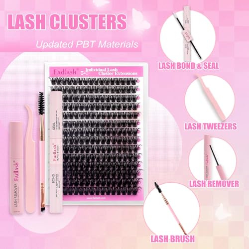 FADLASH DIY Lash Extension Kit Individual Lashes Cluster D Curl Eyelash Extension Kit D Curl Lash Clusters Lash Applicator Tool for Self Application at Home(KIT 100D-D-12-18mm)