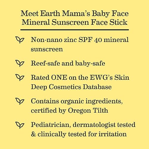 Earth Mama Baby Face Mineral Sunscreen Stick SPF 40 | Reef Safe, Non-Nano Zinc, Contains Organic Cocoa Butter & Aloe | Babies, Kids & Family 0.74-Ounce