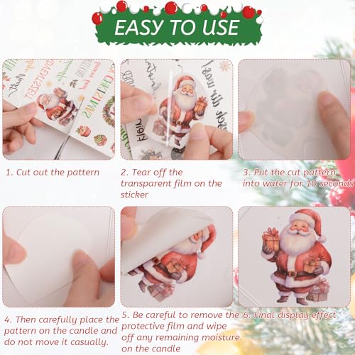 Christmas Candle Stickers, 6 Sheets Water Transfer Decals