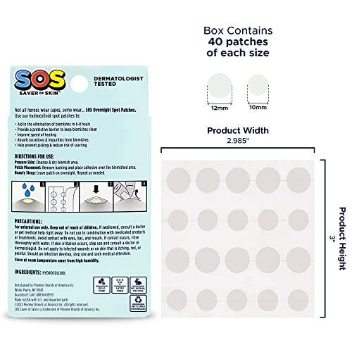 SOS SAVER OF SKIN™, Blemish Patches, Fast Working Hydrocolloid Acne Patches for Covering Pimples, Zits, and Blemishes on Face and Skin, Absorb Fluids, Latex Free, Vegan (40, Transparent)