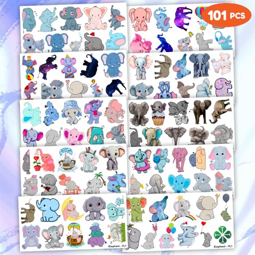 101 PCS Cute Elephant Temporary Tattoos Themed 1st Birthday Party Decorations Supplies Favors Decor Baby Pink Blue Animal Tattoo Stickers Gifts For Boys Girls Classroom School Prizes Carnival Cartoon